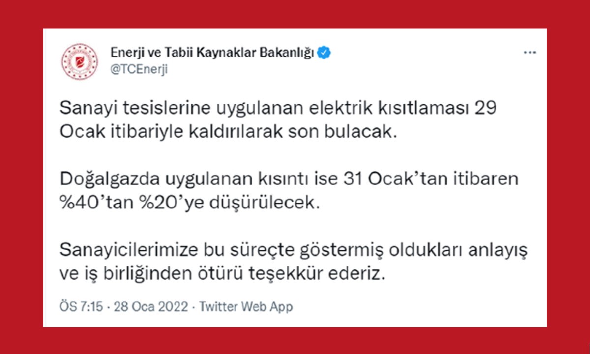 Elektrik Kısıtlaması Kaldırıldı