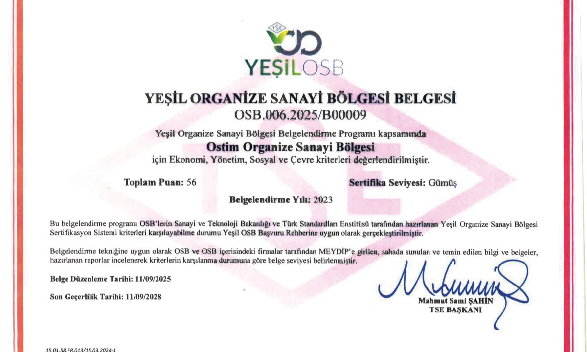 OSTİM OSB, Gümüş Seviye’de “Yeşil OSB” Oldu